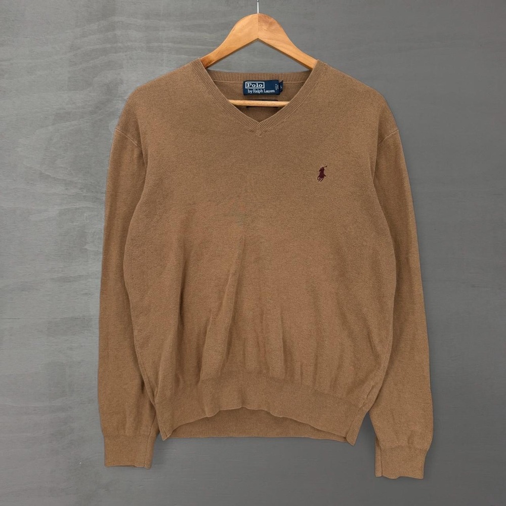 Polo Ralph Lauren V-Neck Sweater Tan Brown Pima Cotton Pony Logo Large